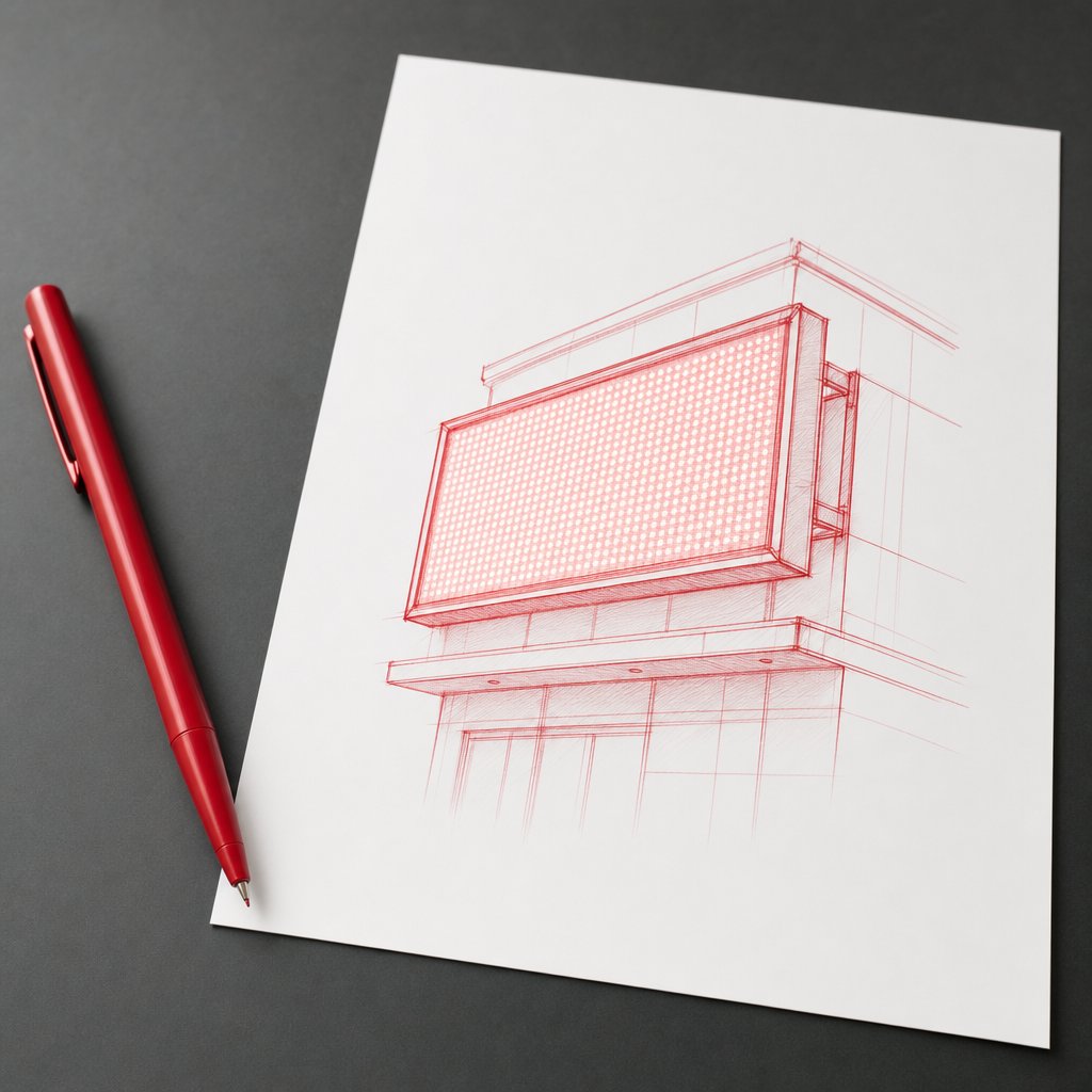 Concept sketch of an illuminated LED sign on a building facade