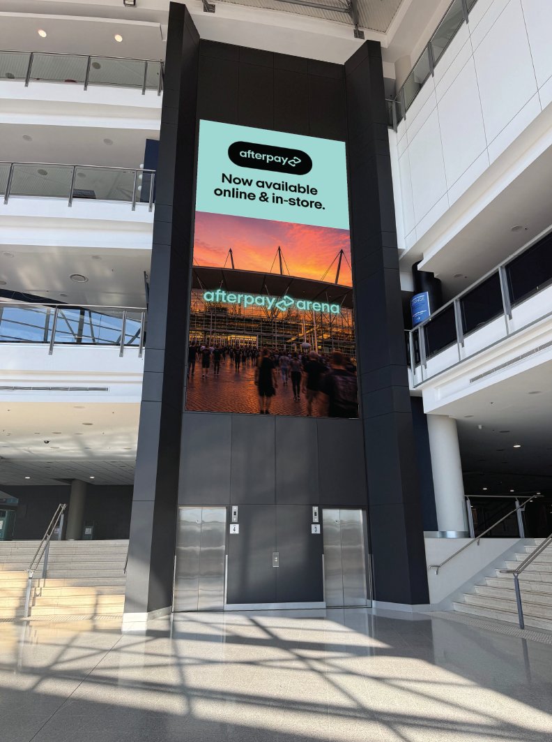 Traditional LED video wall at Afterpay Arena, spanning multiple levels above the lifts